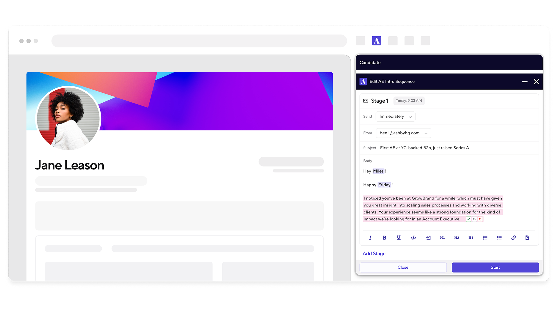 Ashby sourcing sequence editor with an AI-personalized outreach email next to a candidate profile