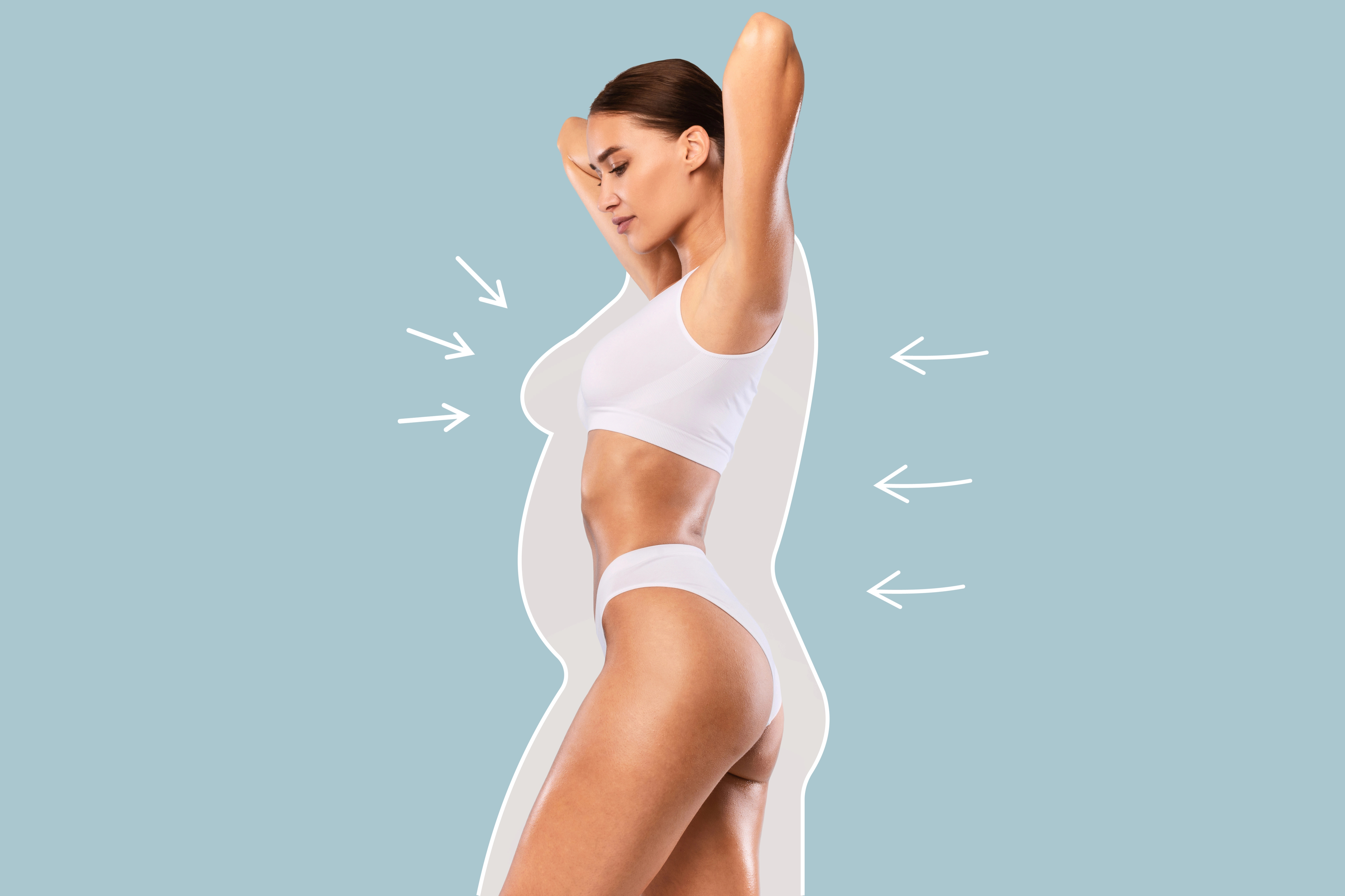 Woman in a fitted outfit, highlighting body contouring against blue background. Arrows indicate slimming or body transformation concept.