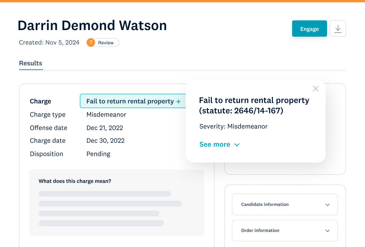 Checkr charge detail view showing a classified charge with severity and statute information