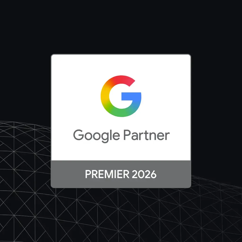 Google Partner badge displaying the multicolored "G" logo with "Premier 2026" below, on a dark geometric background.