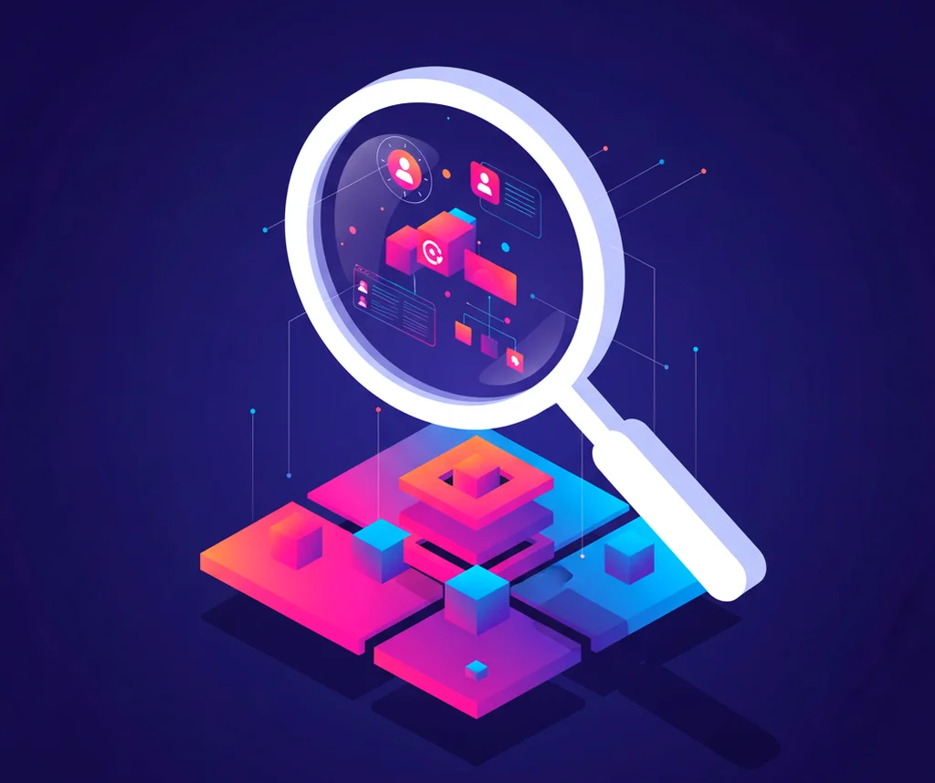 A magnifying glass hovers over digital icons and abstract shapes, symbolizing data analysis and technology on a dark gradient background.