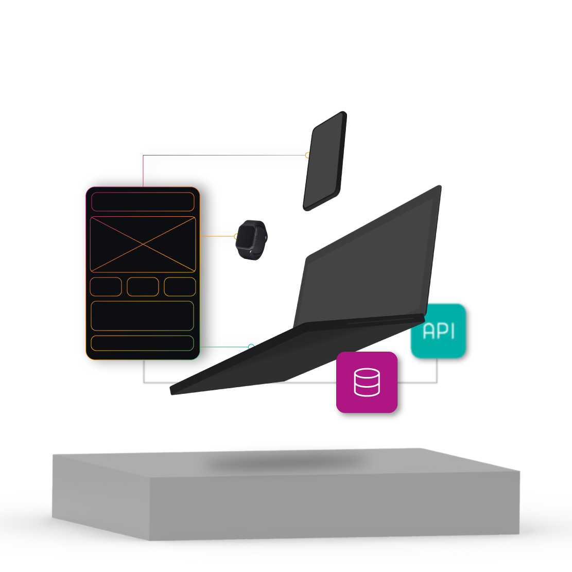 A laptop floating on a pedestal with code elements floating on each side to showcase VividFront's expertise