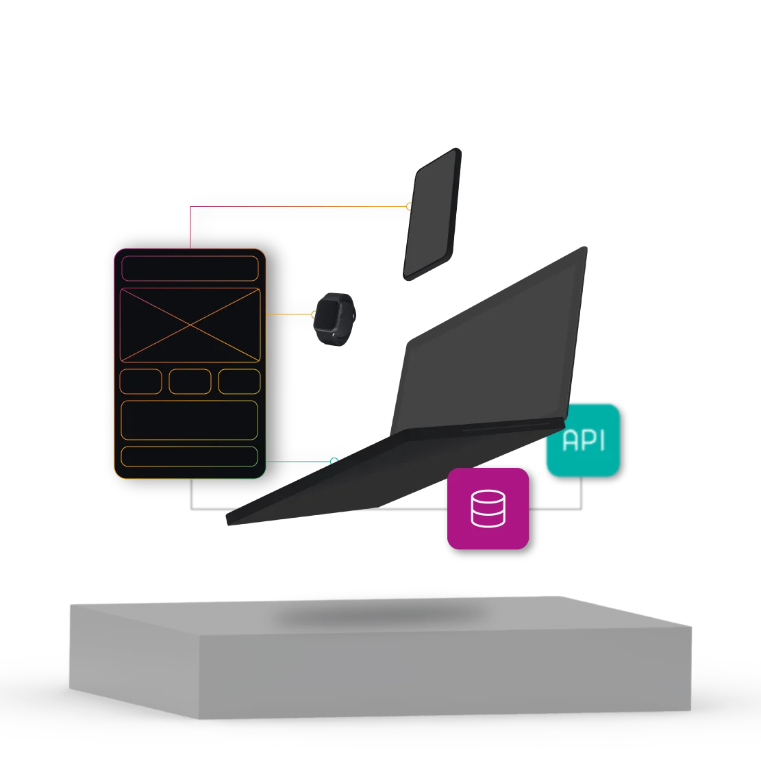 A laptop floating on a pedestal with code elements floating on each side to showcase VividFront's expertise