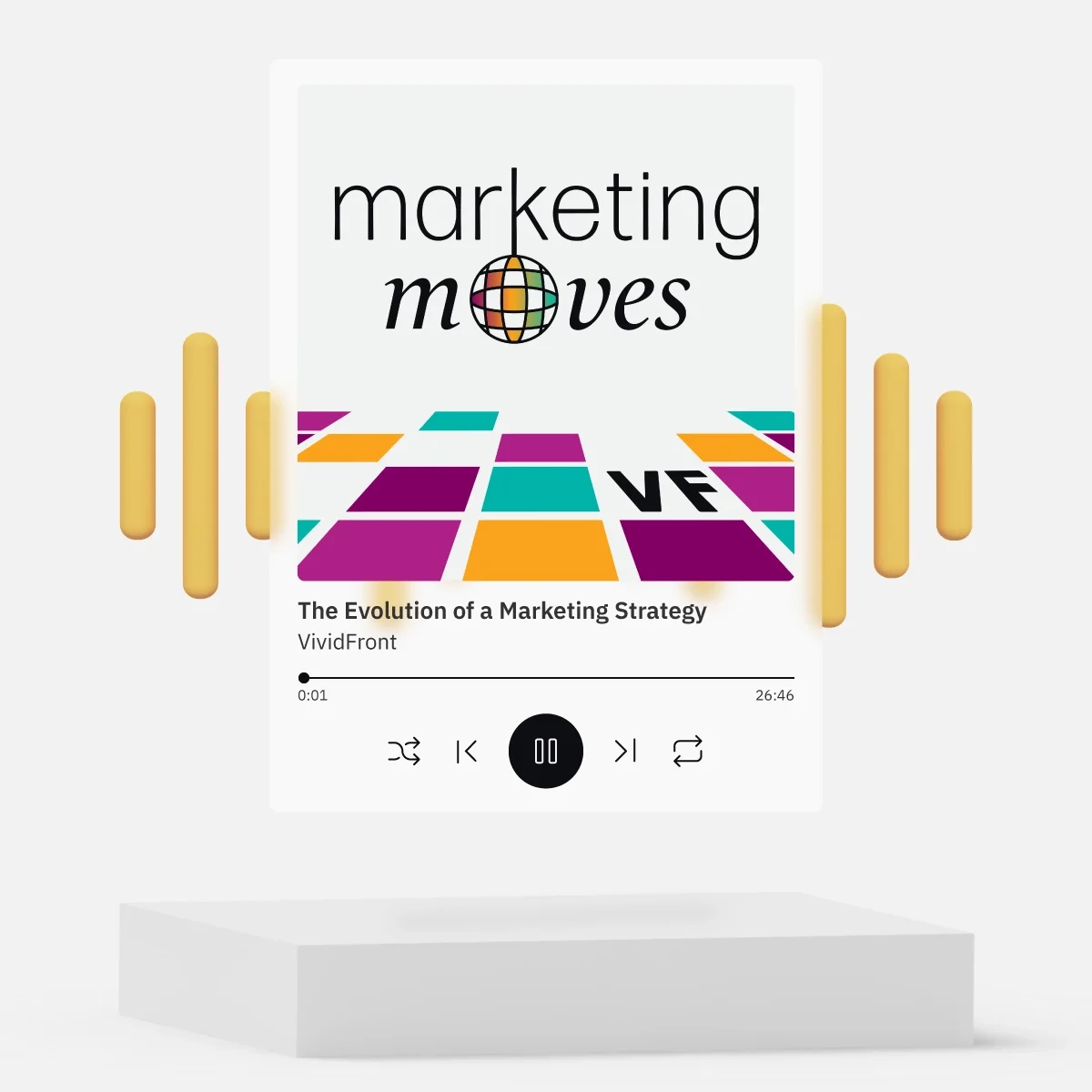 marketing moves podcast cover art shown on media player floating on pedastool