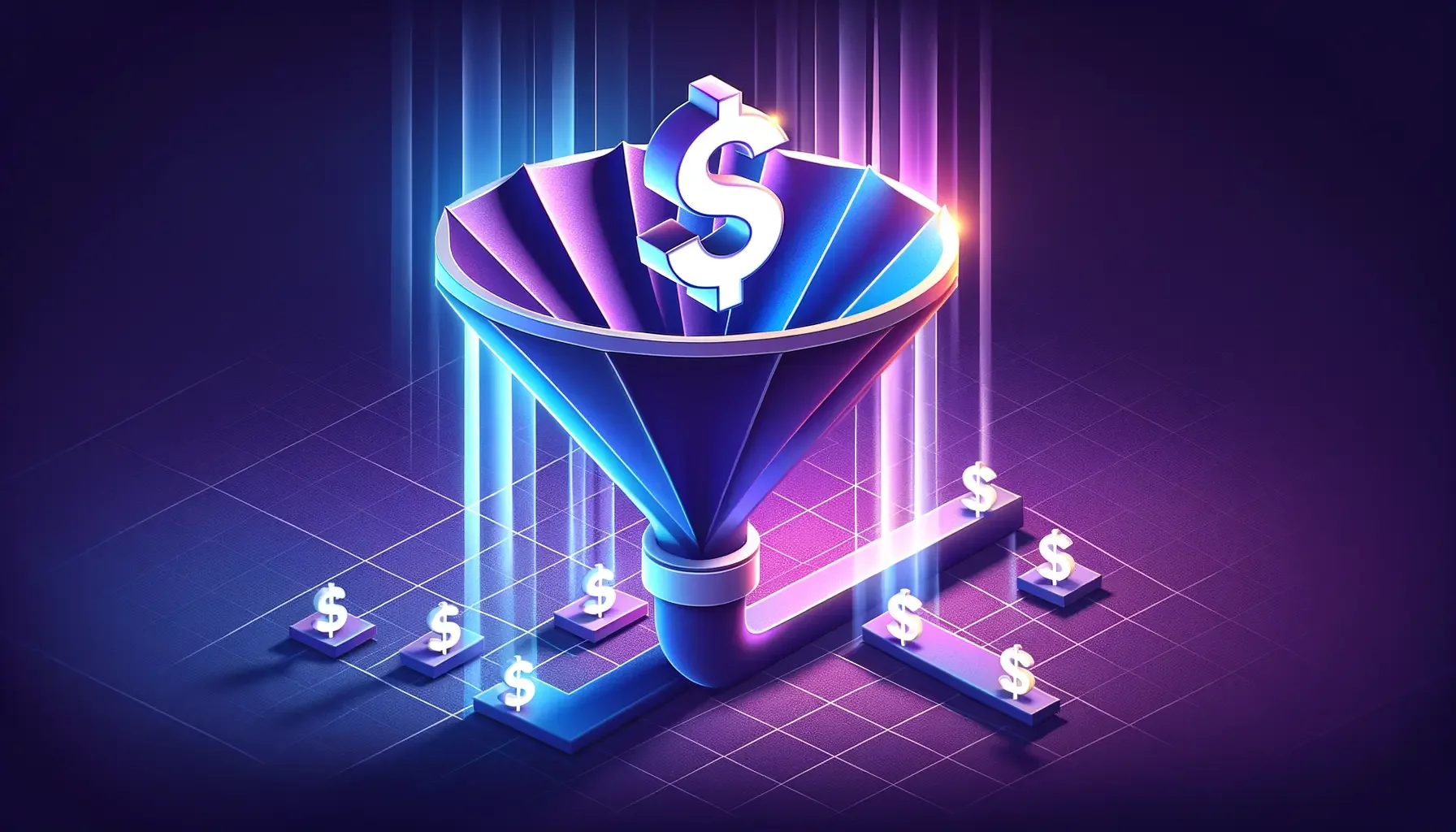 Dollars symbolized as dollar signs entering a funnel to represent a monetary investment that produces even more money (multiple dollar signs)