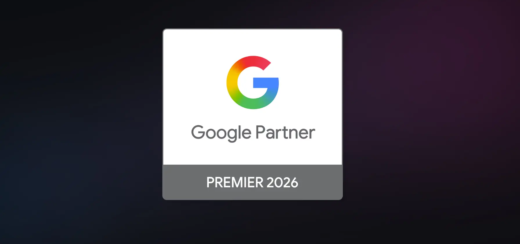 Google Partner Premier 2026 logo on a dark gradient background.