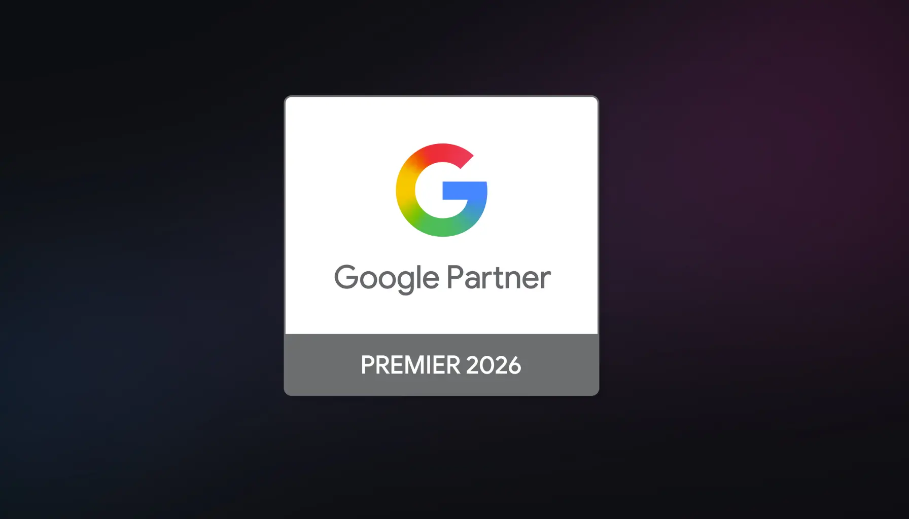 Google Partner Premier 2026 logo on a dark gradient background.