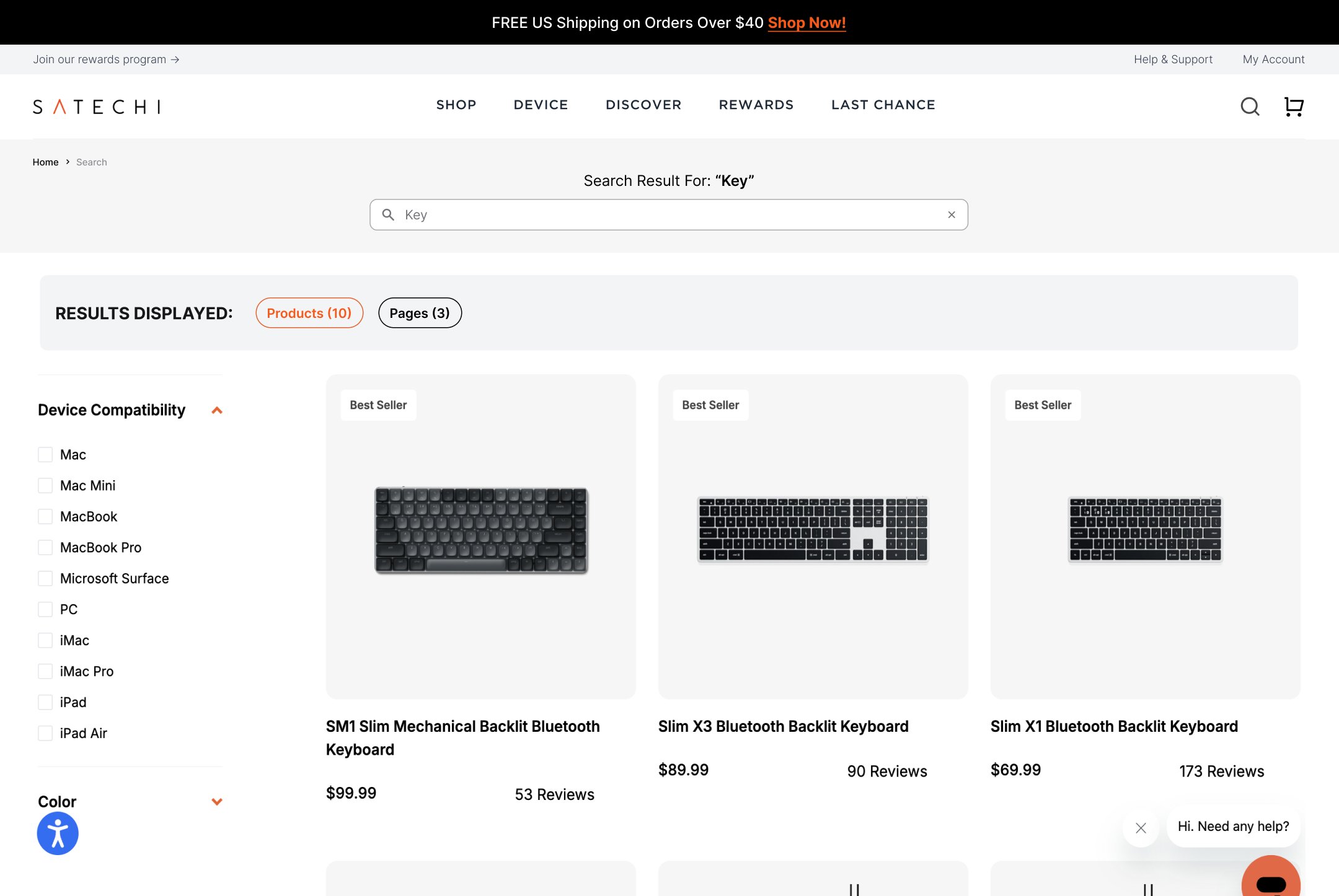 Website screenshot of search results page