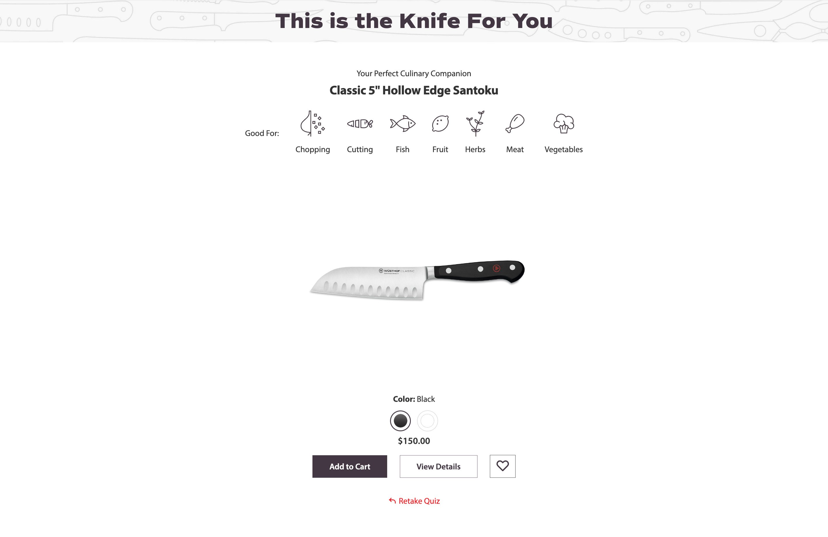 results screen of knife finder quick showing single recommended knife and icons representing uses