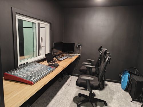 The control booth of the podcast studio