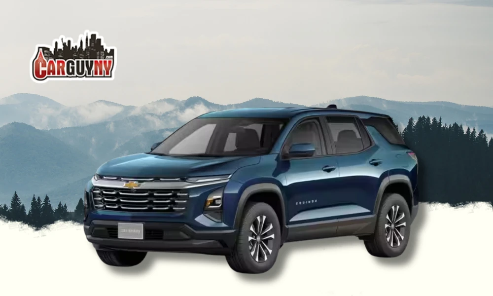 Blue Chevrolet Equinox parked against a foggy mountain backdrop, with the CarGuyNY logo in the top left corner.