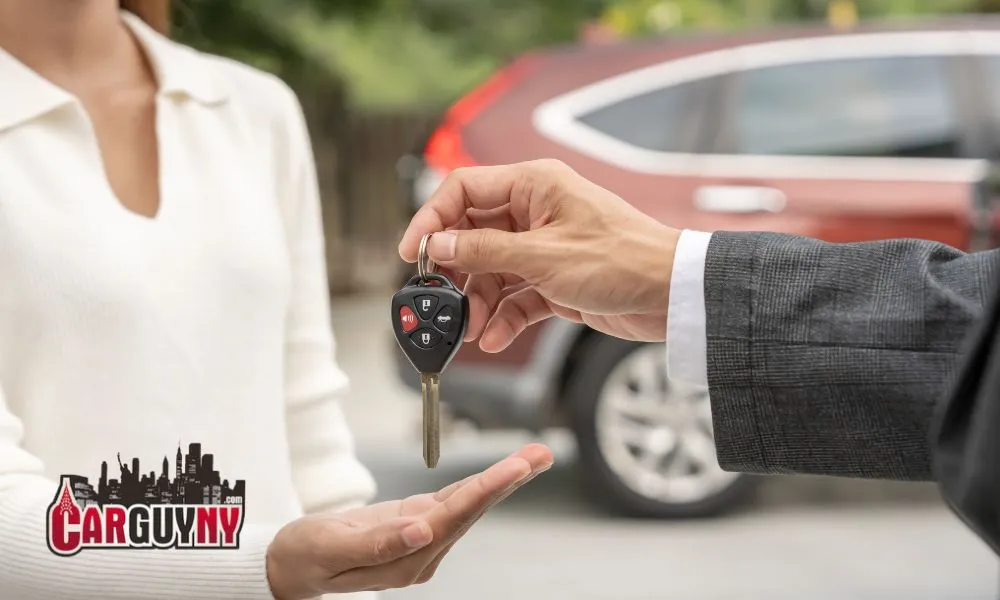 Person handing over a car key to someone, with a red SUV visible in the background.