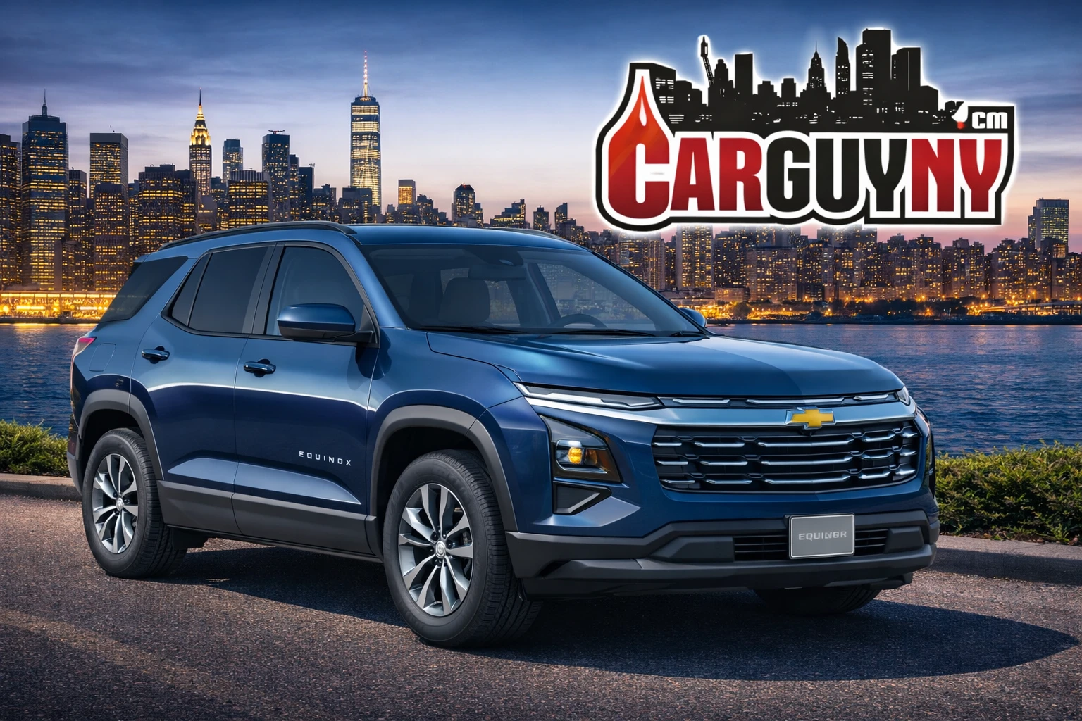 A blue SUV parked in front of a city skyline at dusk, with "Car Guy NY" logo above.