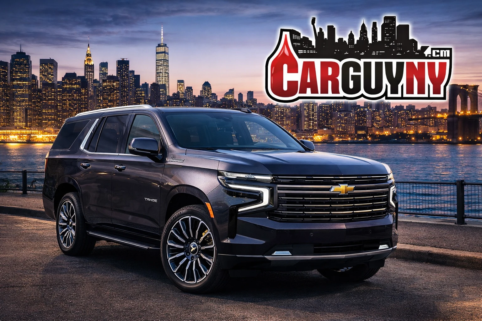 A black SUV parked on a riverside road with a city skyline at dusk. Logo "Car Guy NY" in the sky.