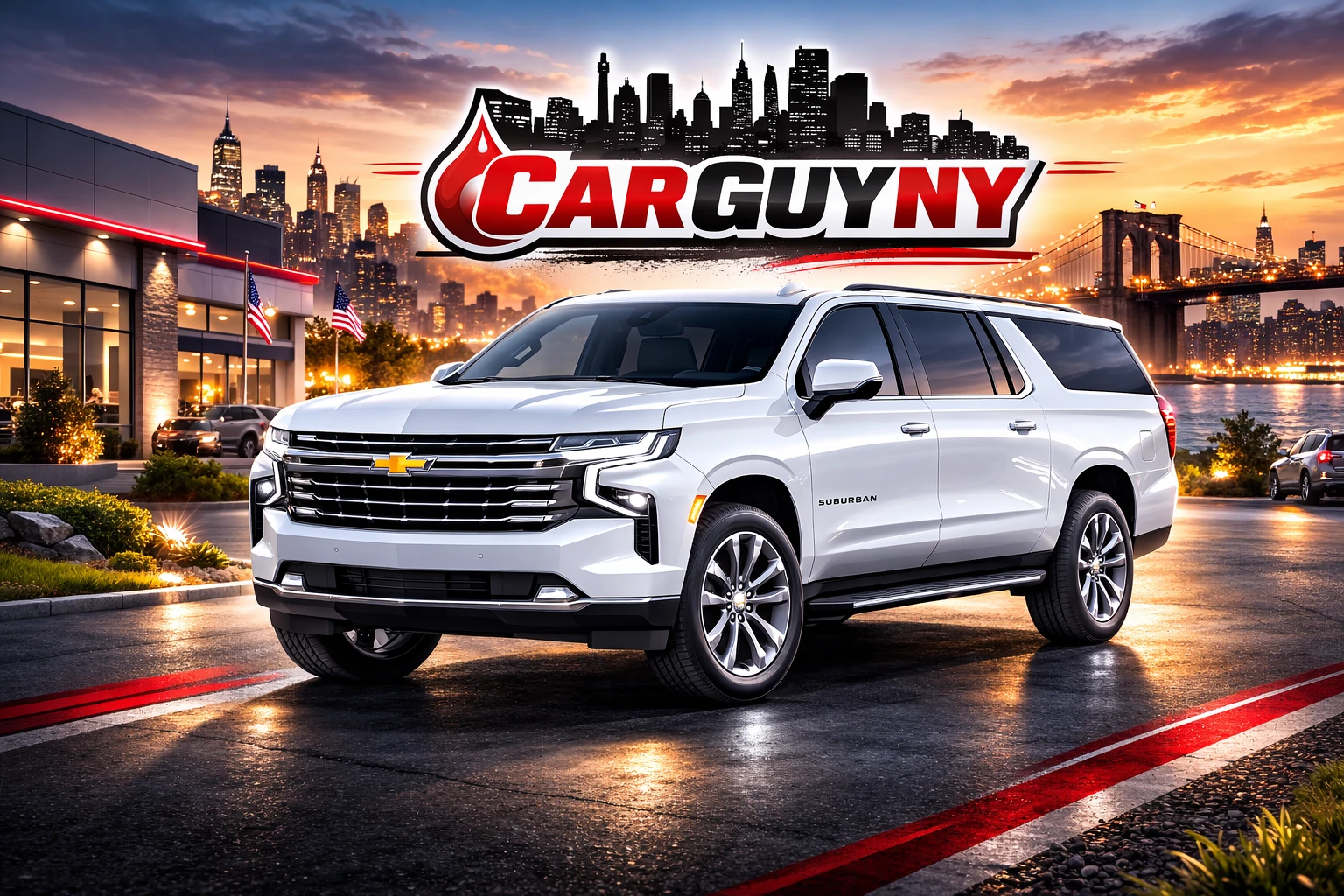 White Chevrolet Suburban parked at sunset with cityscape and Car Guy NY logo featuring a silhouette of New York City buildings.