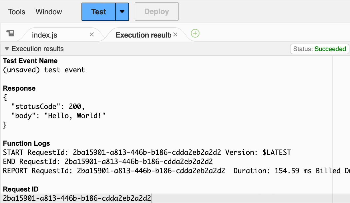 The output from manually triggering the Lambda function with a test event