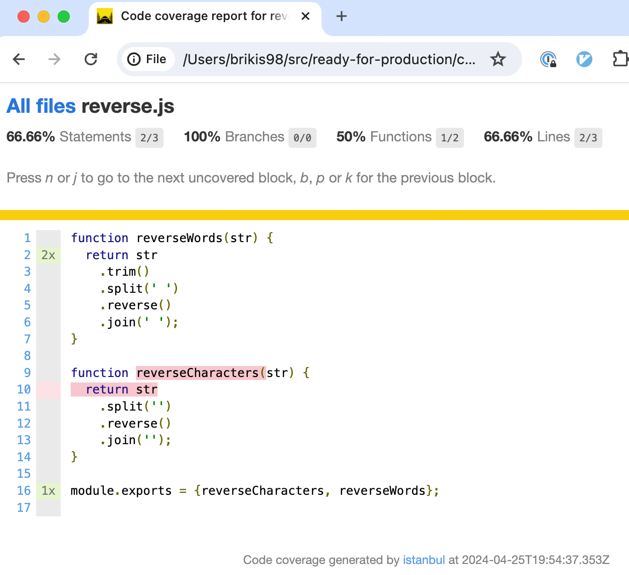 Code coverage output for reverse.js