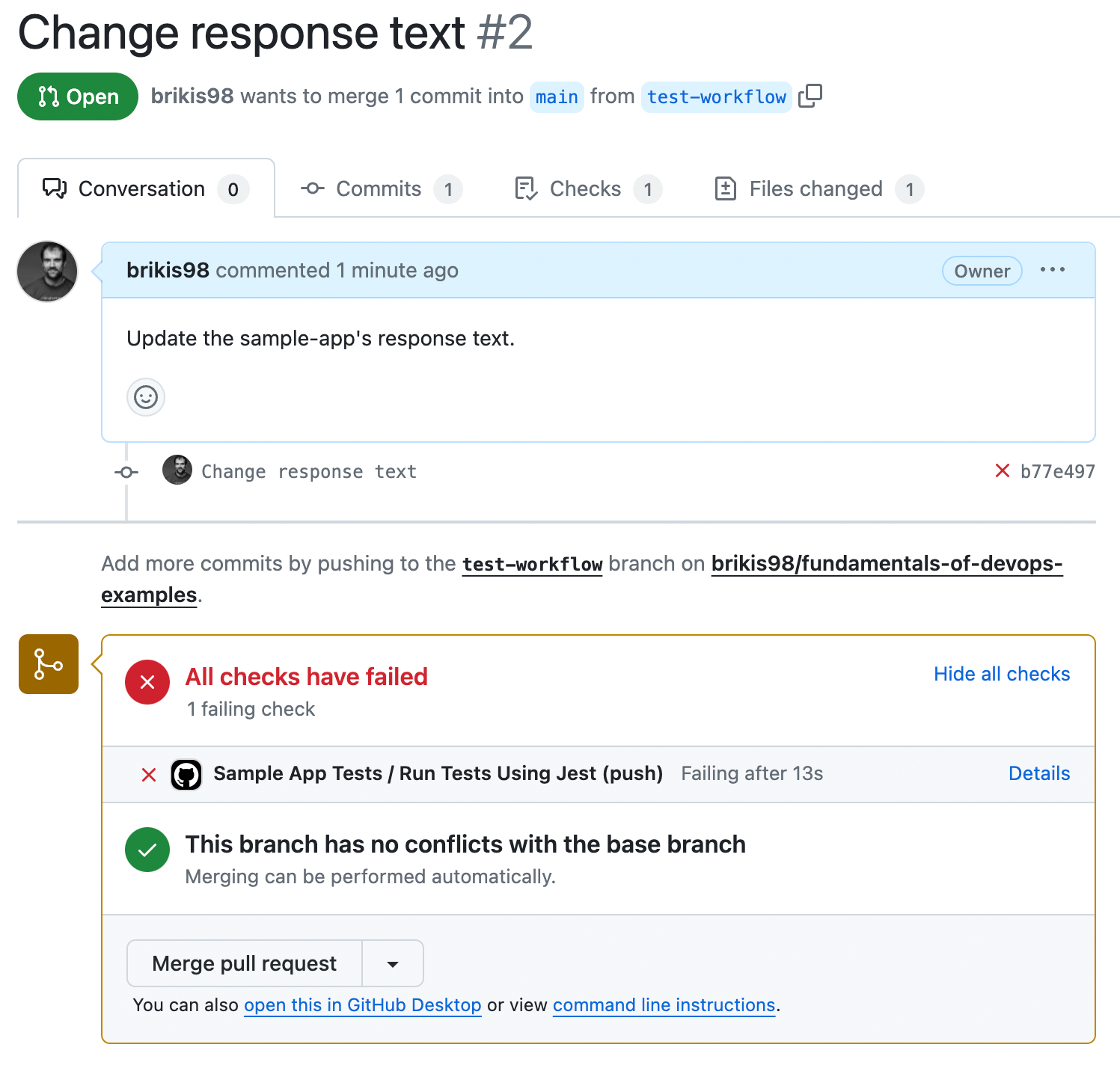 Automated tests running in a pull request