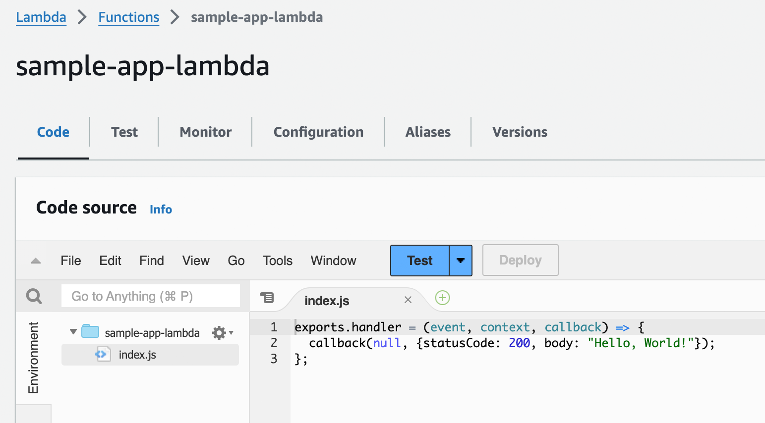 The Lambda console shows your newly created function