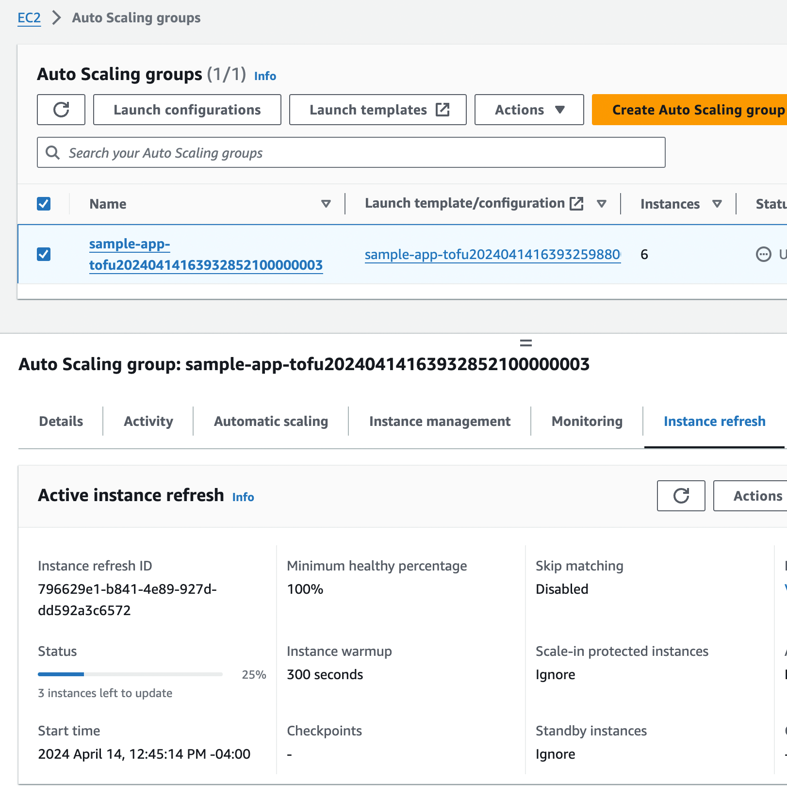 Using the EC2 console to see an ASG instance refresh in progress