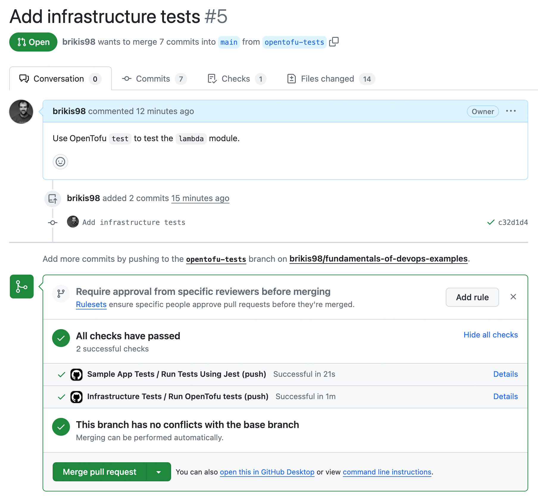 A PR showing the sample app unit tests, Terrascan, and OpenTofu tests running