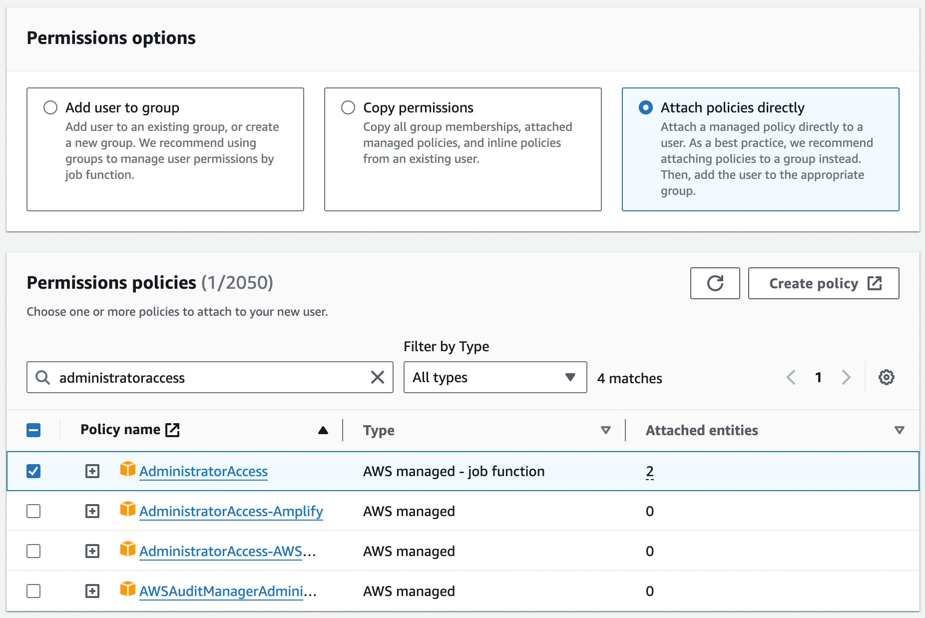 Adding the AdministratorAccess Managed IAM Policy to your new IAM user