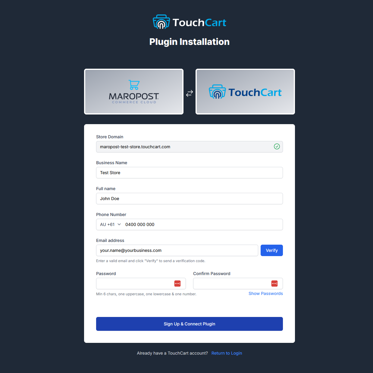 TouchCart plugin installation page with fields for store domain, business name, user details, email verification, and sign-up button.
