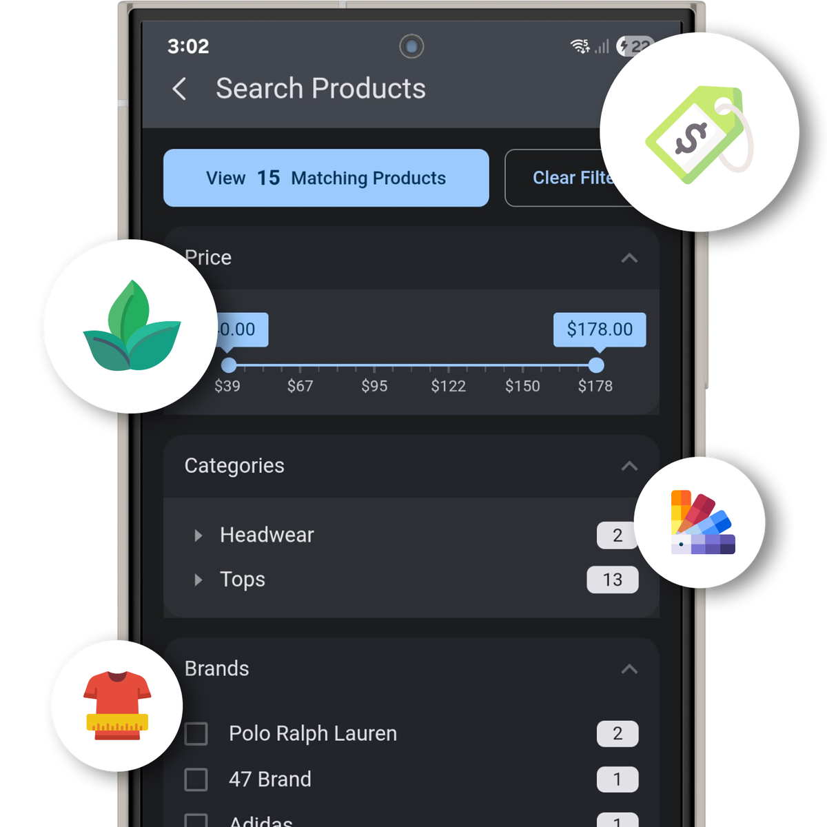 Mobile screen displaying a product search interface with filters for price, categories, and brands, alongside icons for eco-friendly and sales.