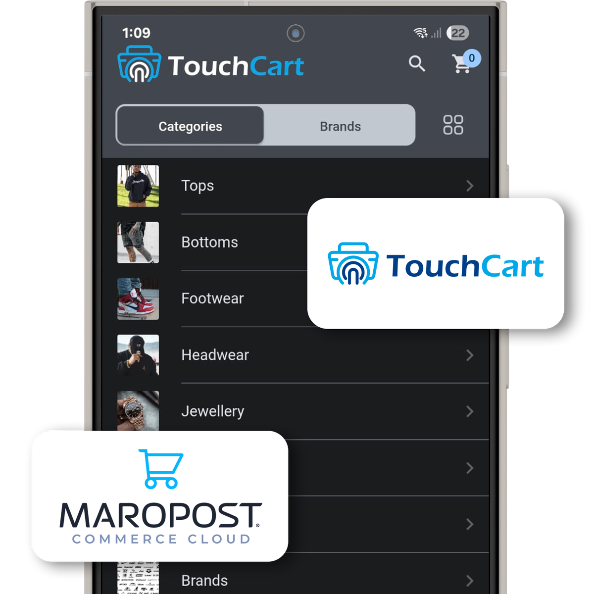 Smartphone screen displaying the TouchCart app interface with categories like Tops and Footwear. Logos for TouchCart and Maropost Commerce Cloud are visible.