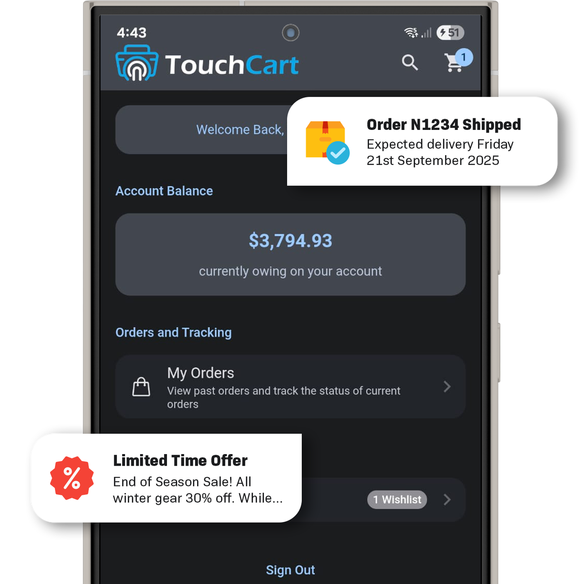 Smartphone screen displaying a shopping app with order details, account balance of $3,794.93, and a limited time offer for 30% off winter gear.