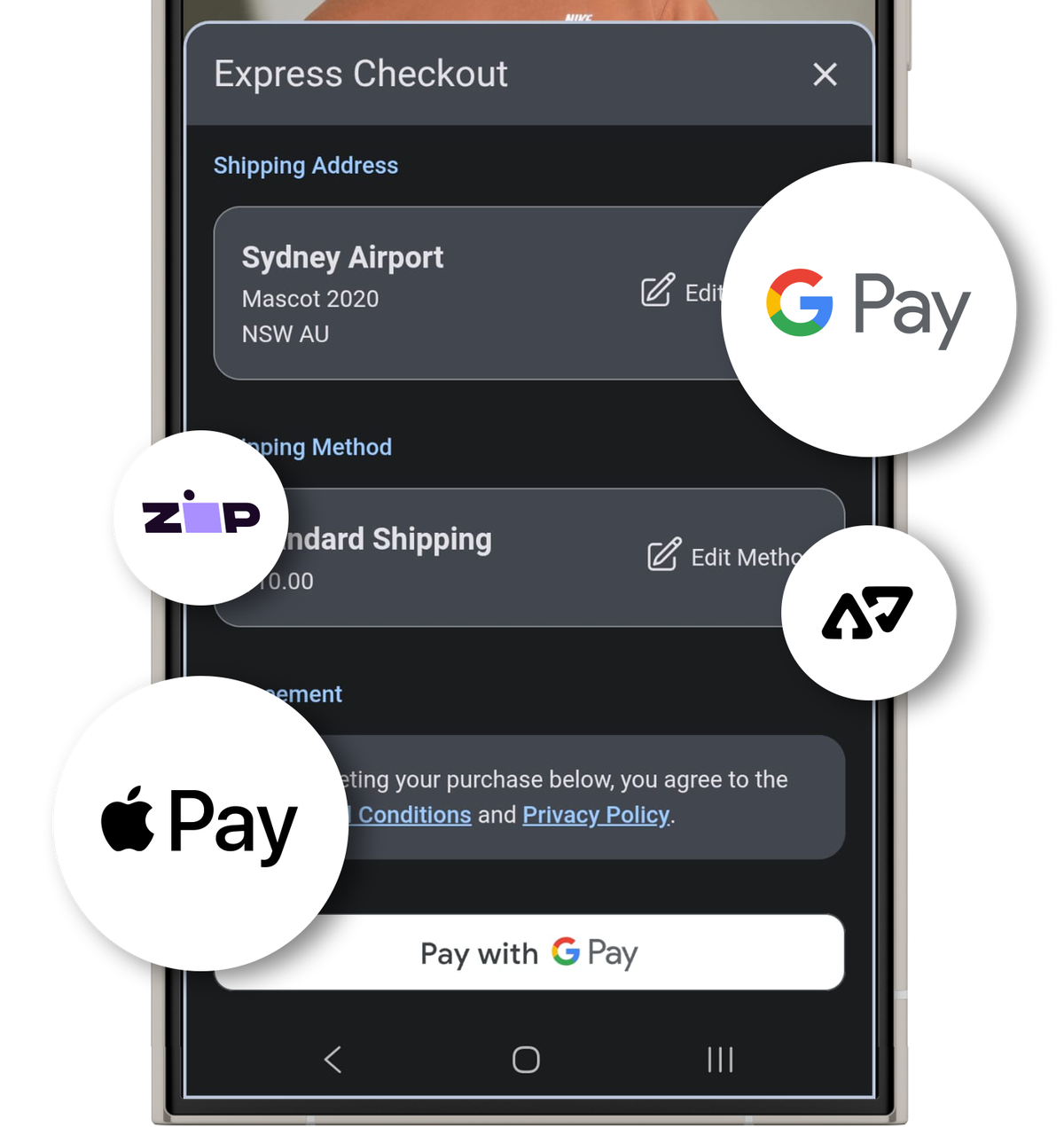 Mobile checkout screen displaying shipping options and payment methods including Google Pay, Apple Pay, Zip, and Afterpay logos.
