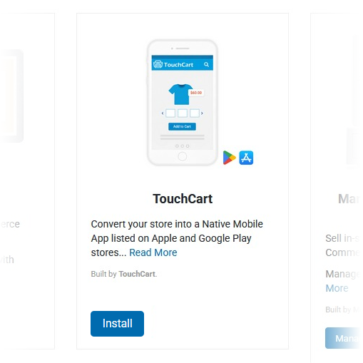 TouchCart app advertisement showing a smartphone with a shopping cart interface. Buttons for Apple and Google Play are displayed.