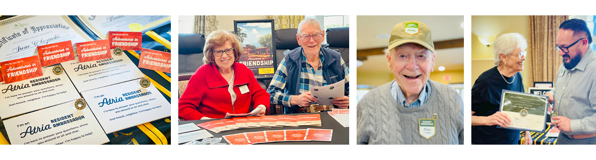 Certificates and happy seniors at an event. Two are seated with award materials, one smiles in a cap, and another receives a certificate from a man.