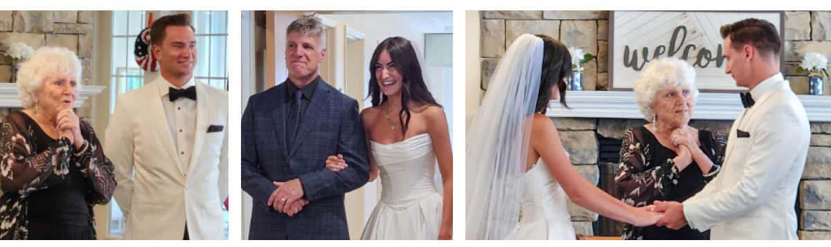 A wedding scene with a bride, groom, older woman, and man in formal attire, sharing joyful moments indoors near a stone fireplace.