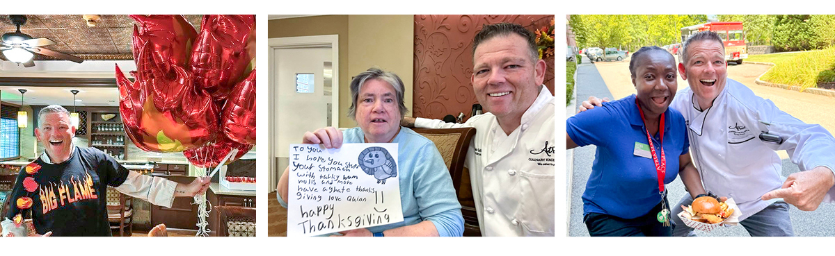 A joyful man holds red heart balloons; a woman holds a Thanksgiving note; a chef poses with a woman holding a pie in a park.