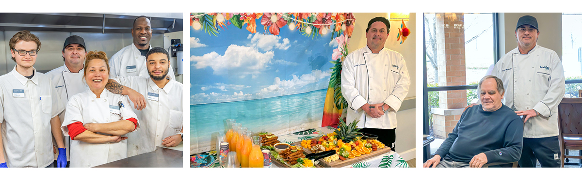 Three photos: A team of six chefs smiling in a kitchen, a chef beside a tropical-themed buffet, and a chef with a seated man by a window.