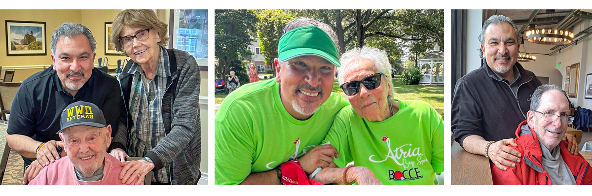 Three photos of a smiling man with older individuals, showing warmth and companionship in various indoor and outdoor settings.