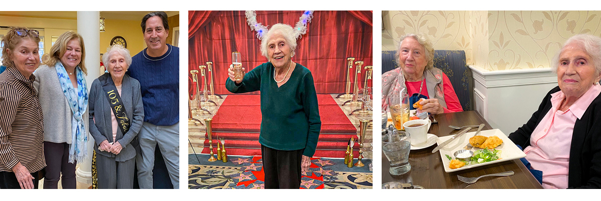 Three photos: Older woman with family at party, woman in tiara holding a drink, and dining at a restaurant.