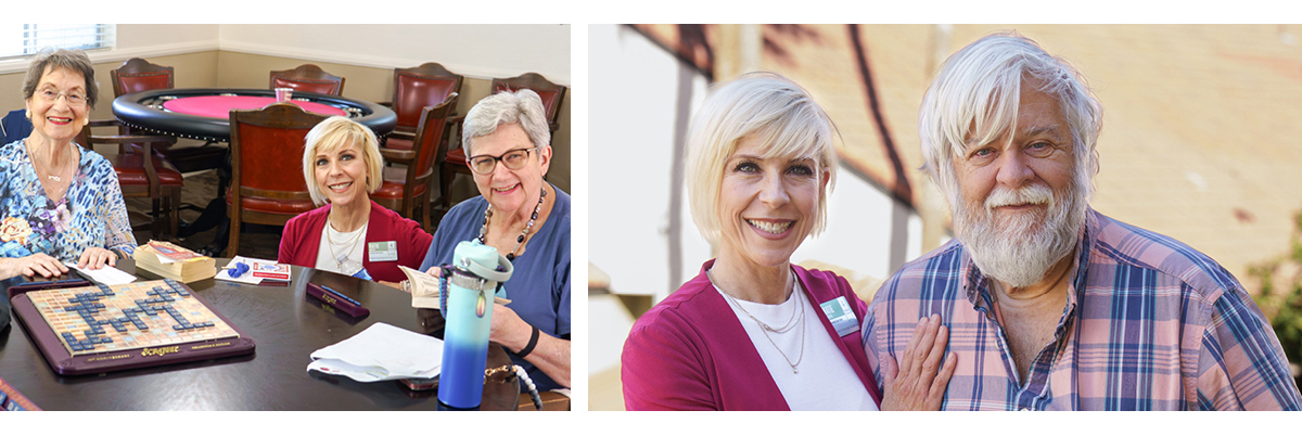Two photos: Women playing Scrabble at a table; a woman smiling with an older man outdoors, both looking content.