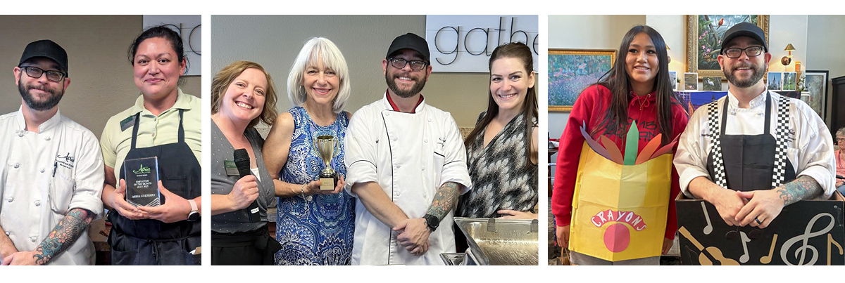Several people pose in three separate images. They hold trophies and awards in a kitchen setting, smiling together with a chef.