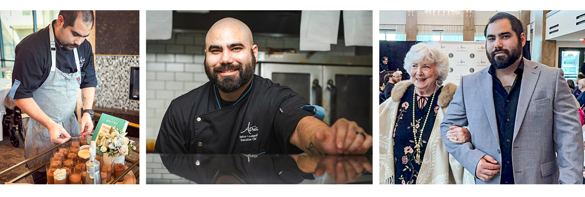 Three images: a chef plating desserts, smiling in a kitchen, and posing with an older woman at an event.