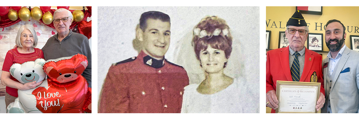 Three photos show an older couple with balloons, a vintage wedding portrait, and an older man receiving a certificate with another man.