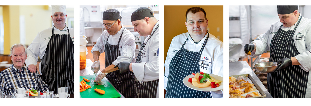 Chefs working in a kitchen preparing dishes, including slicing vegetables, cooking pastries, and presenting a plated meal; one poses with a satisfied diner.