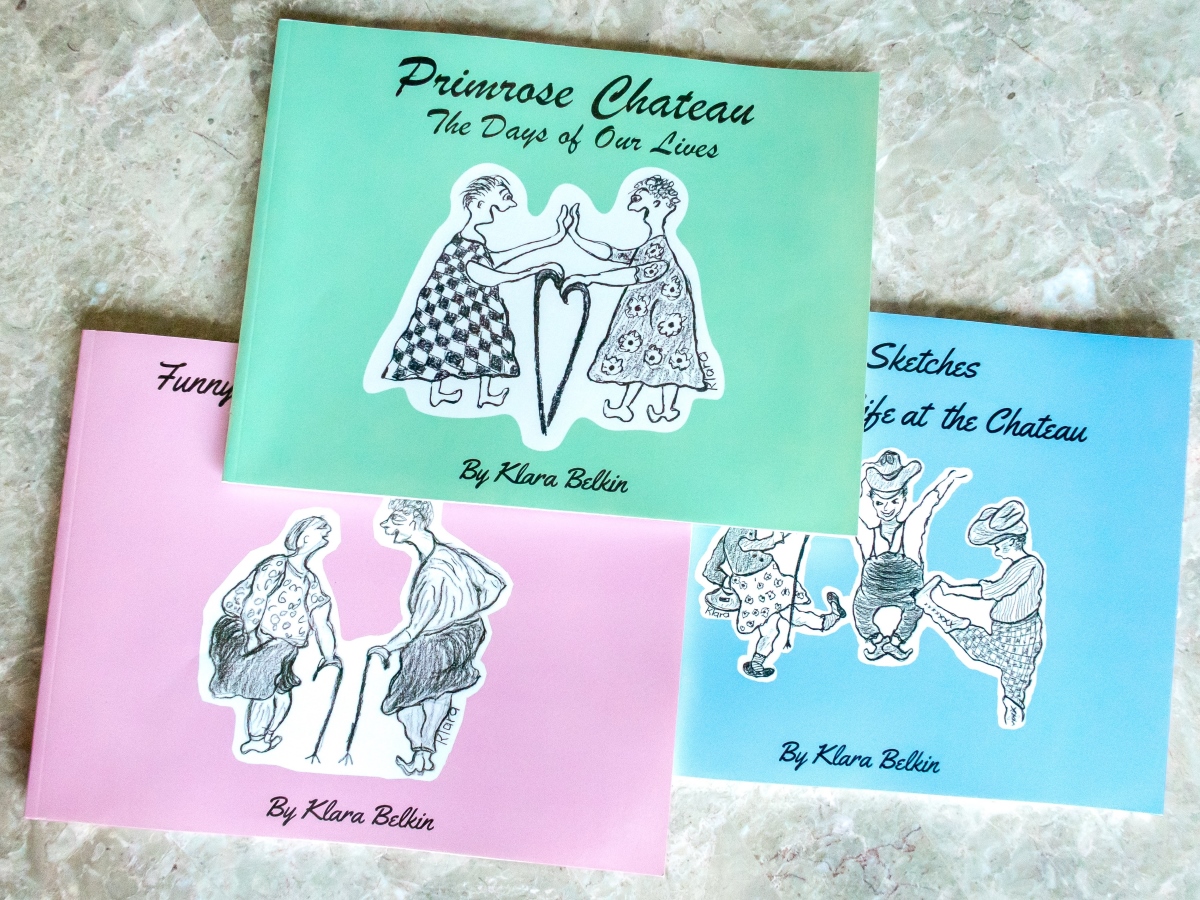 Three colorful books with hand-drawn illustrations on the covers, titled by Klara Belkin, featuring playful older adult figures.
