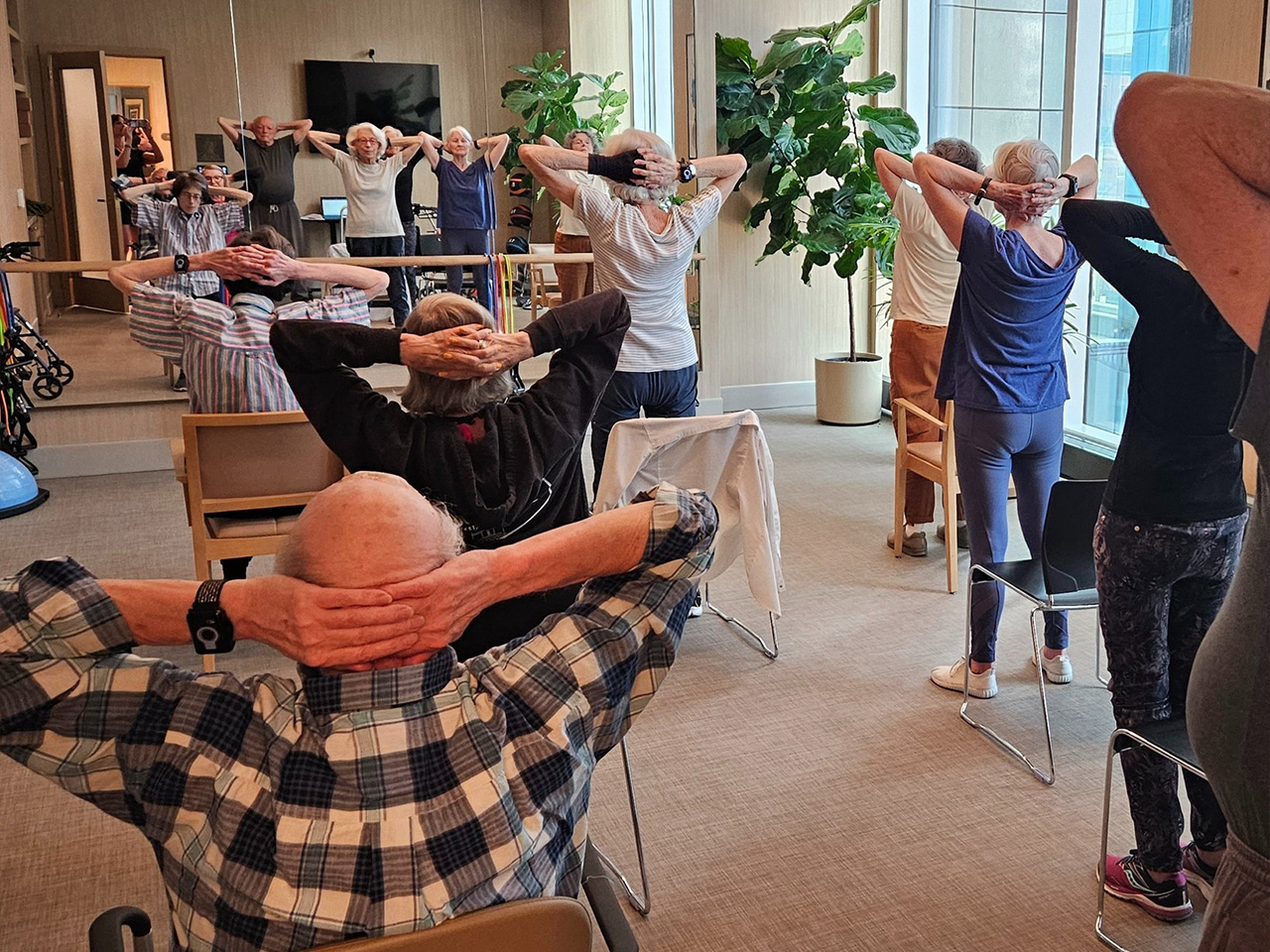 Seniors seated in a room, stretching by placing hands behind their heads, facing a mirrored wall. Large plant and window in the background.