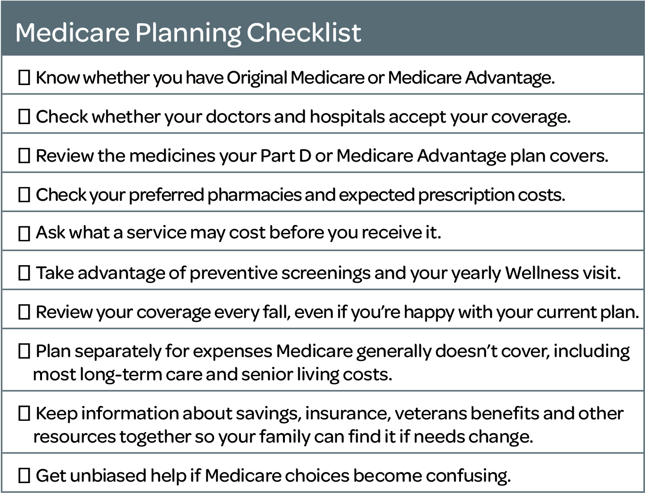 Medicare Planning Checklist with 10 tips for reviewing coverage, verifying costs, and accessing savings and resources.