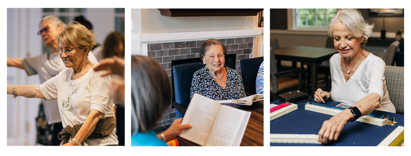 Three images of older women: exercising, reading by a fireplace, and playing a board game, all appearing engaged and content.