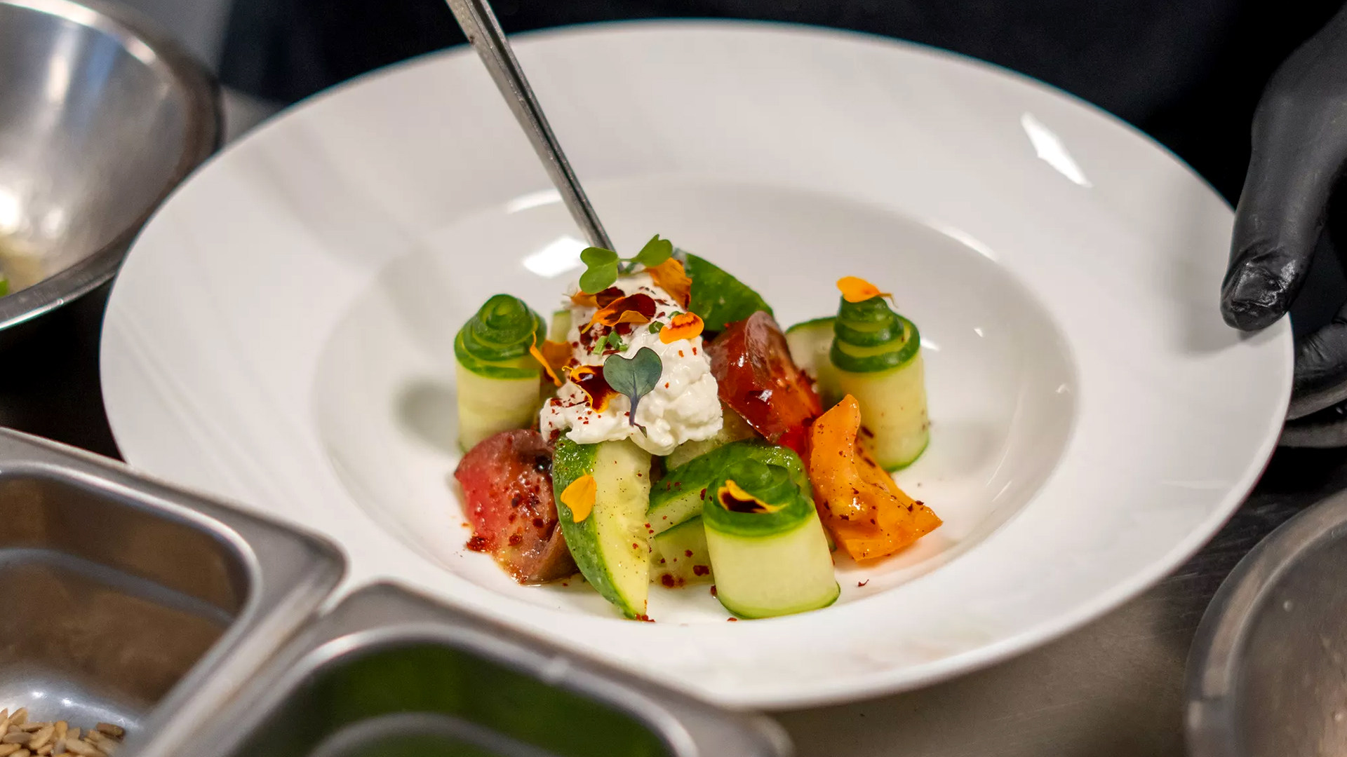 An heirloom tomato salad with English cucumbers, stracciatella di bufala, marigold petals, and aleppo pepper on a white plate.