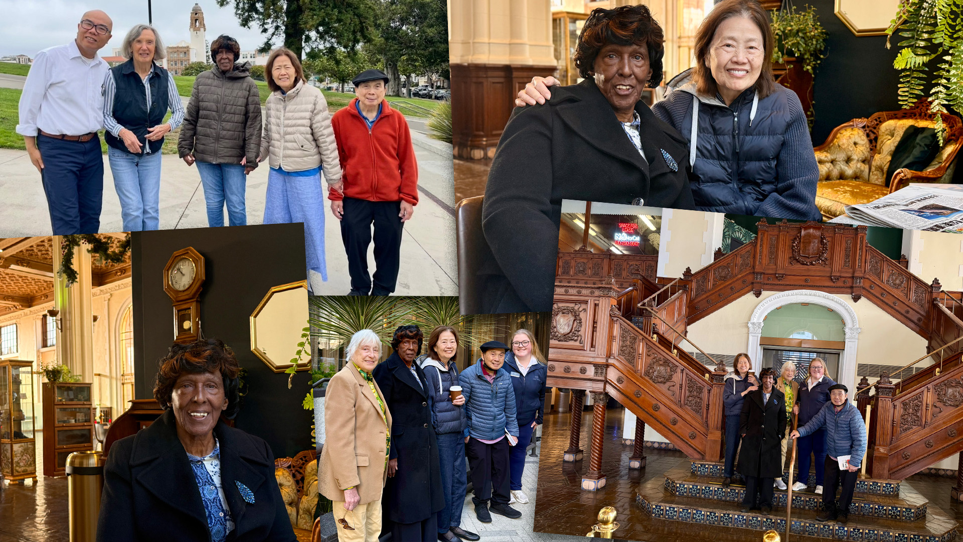 Collage of six people visiting a historic building, posing together in different settings, both indoors and outdoors.