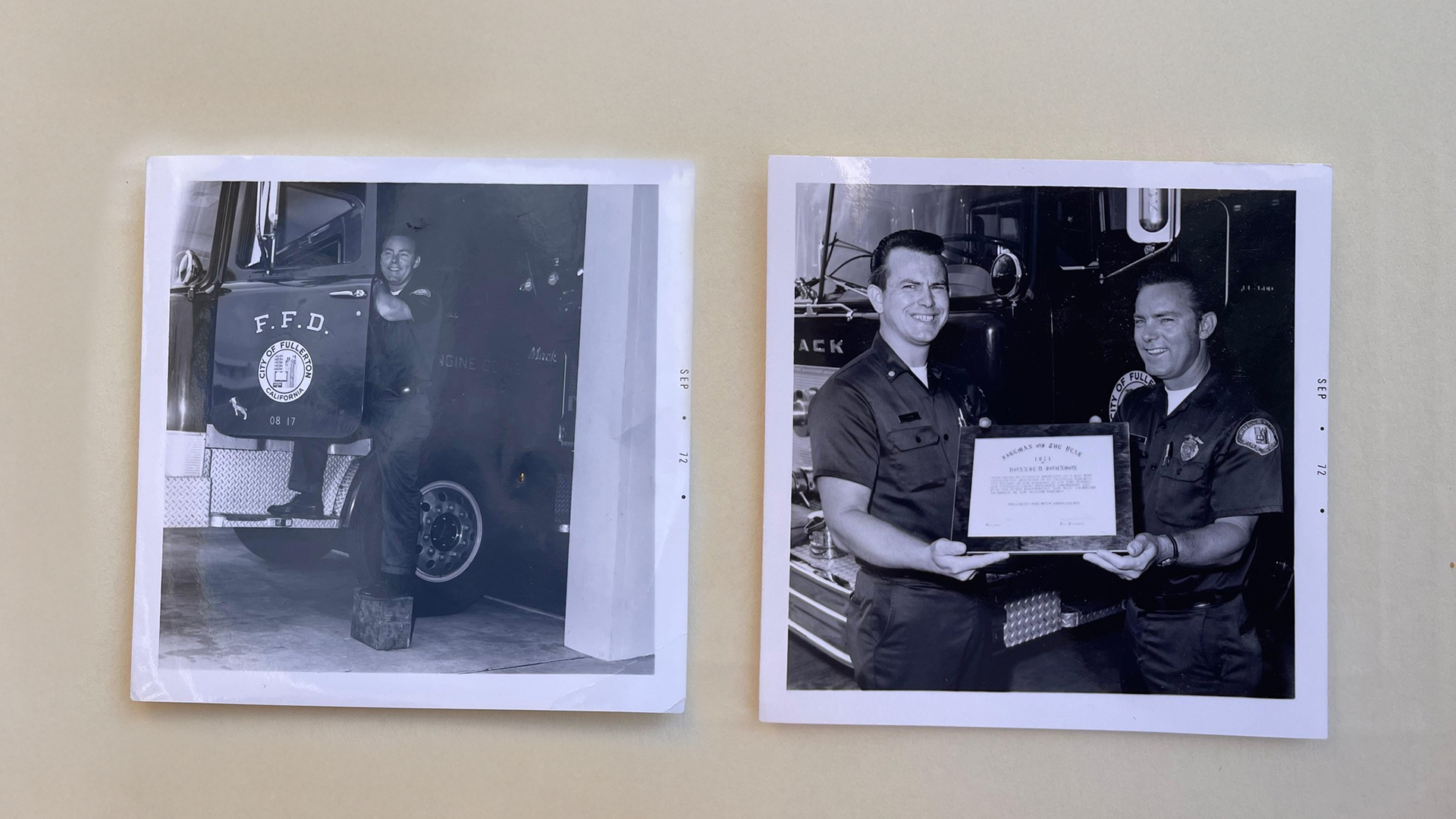 Two black-and-white photos: left shows a firefighter near a fire truck; right shows two firefighters smiling and holding a certificate.